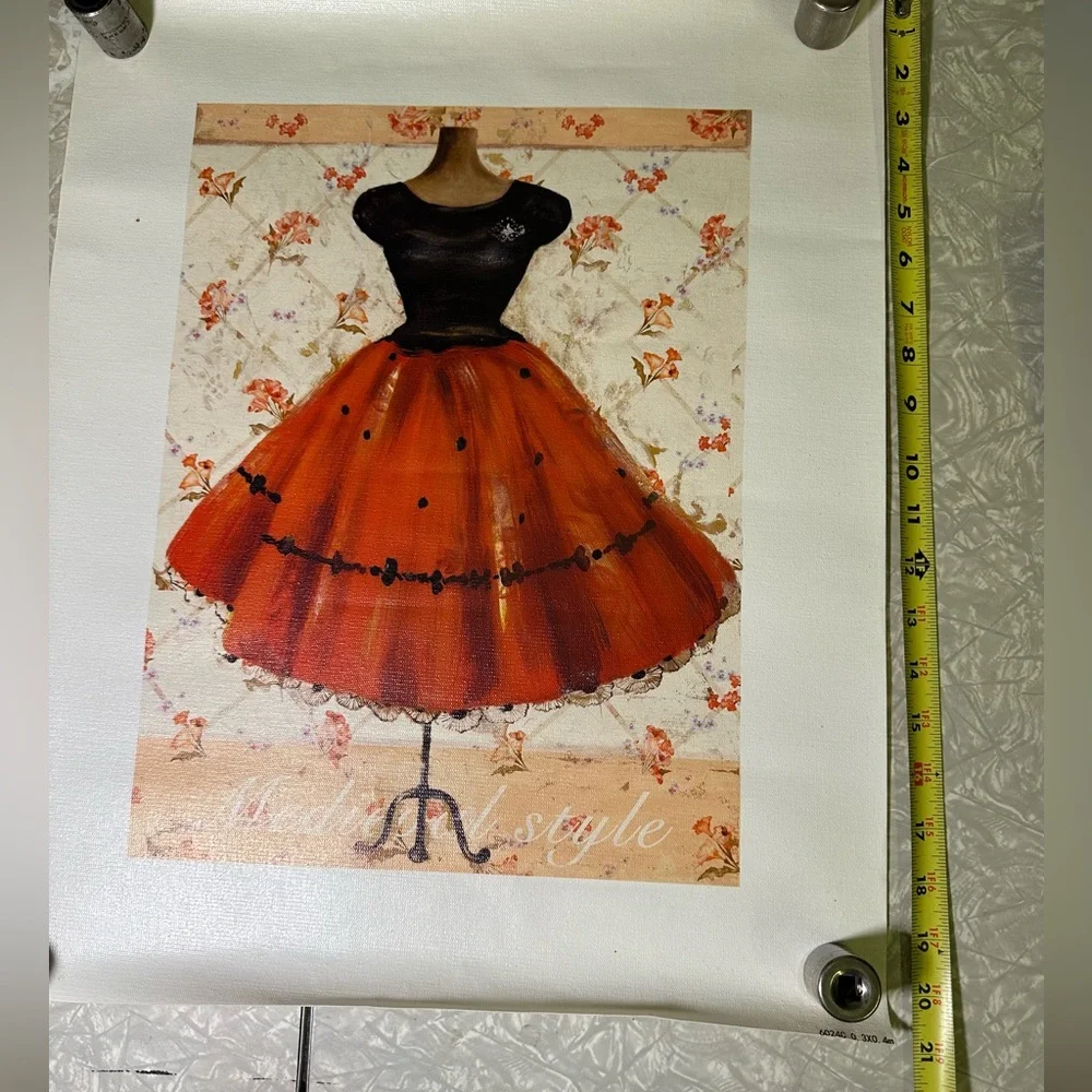 Printed Art on canvas Boutique Dress Red and Black against Vintage Wallpaper‎